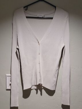 Good American White Ribbed V-Neck Button Cardigan